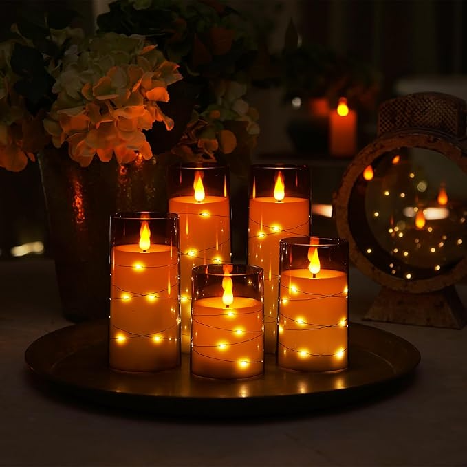 Homemory 9 Pcs Flameless Candles with Embedded Star String Fairy Lights, Battery Operated Candles, LED Fake Candles with Remote Control and Timer, Gray Acrylic-Ruum Studio Home