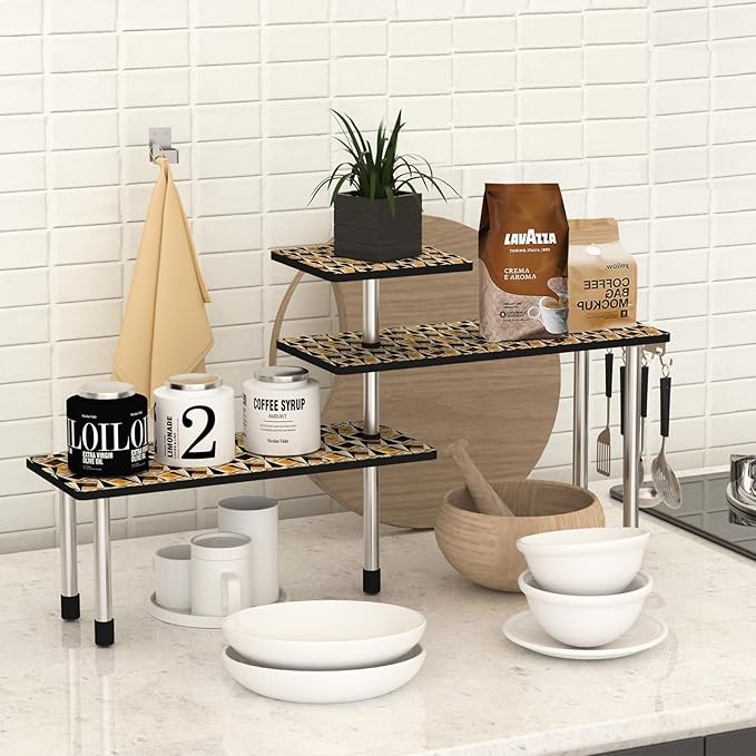 HYNAWIN 3-Tier Countertop Shelf,Desktop Storage and Organization,Bamboo Corner Shelf Over the Table With Printed Pattern-Adjustable Rack with Double Legs for Kitchen,Bed Room, Office-Ruum Studio Home