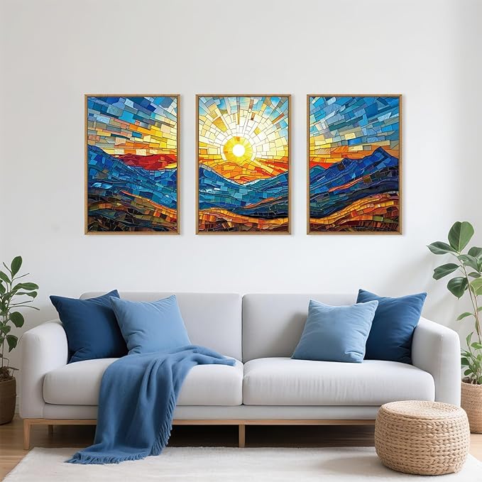 Mountains Framed Canvas Wall Art Set, Modern Abstract Art Painting, Irregular Square Ridge Wall Decor, Sunrise Art Print for Living Room, Bathroom, Bedroom, Office - 16"x24"x3-Ruum Studio Home