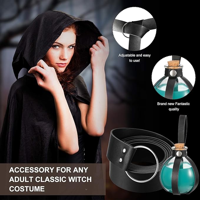 Boao Potion Bottles with Cork Set Dark Magic Cork Round Potion Bottle with Leather Belt Clear Glass Large for Halloween Costume Props DIY Crafts Decorative, 200 ml(Black)-Ruum Studio Home