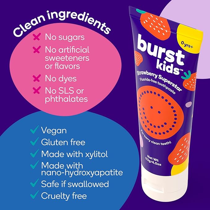 BURST Fluoride Free Strawberry Kids Toothpaste (4oz) | Great Tasting | Dye Free for Baby & Toddler Age 0+ | with Nano Hydroxyapatite-Ruum Studio Home