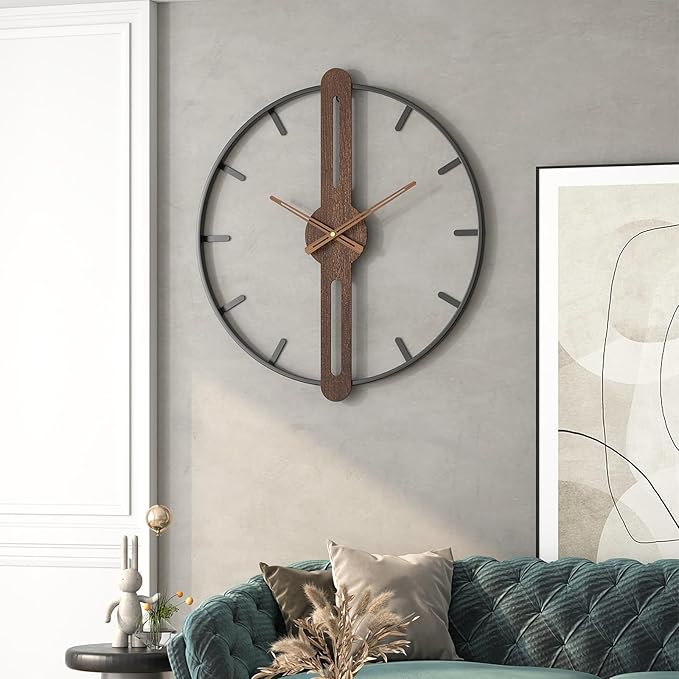 Modern Walnut Dial Wall Clock, Wood Large Wall Clock Decor Metal Frame Silent Non Ticking for Living Room, Bedroom, Kitchen, Study Decoration, Handmade Home Present Idea, 20 in （50 cm）-Ruum Studio Home