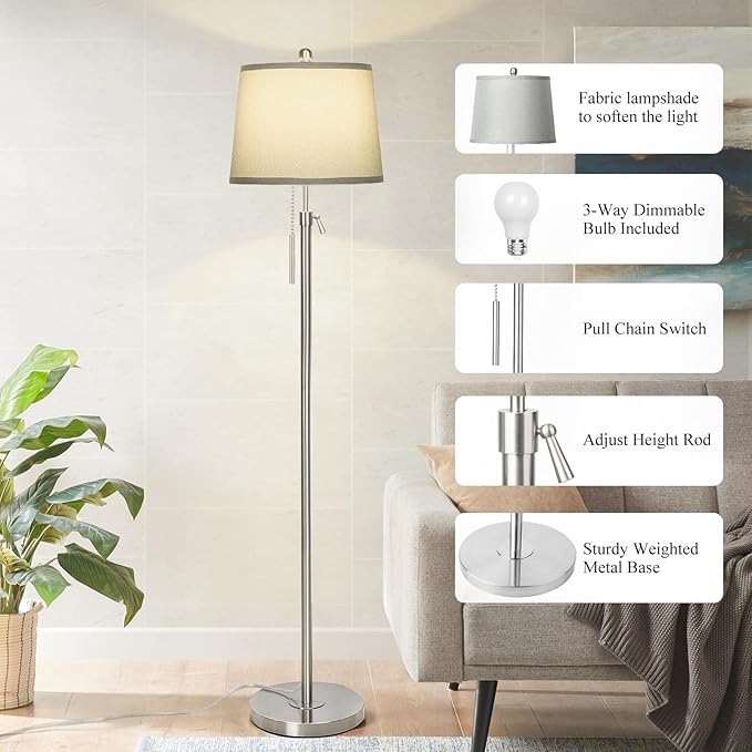 Floor Lamp for Living Room,Adjustable Height Standing Lamp,Dimmable Modern Floor Lamps for Bedroom Office Tall Floor Lights with Pull Chain Bulb Included-Silver Gray Shade-Ruum Studio Home