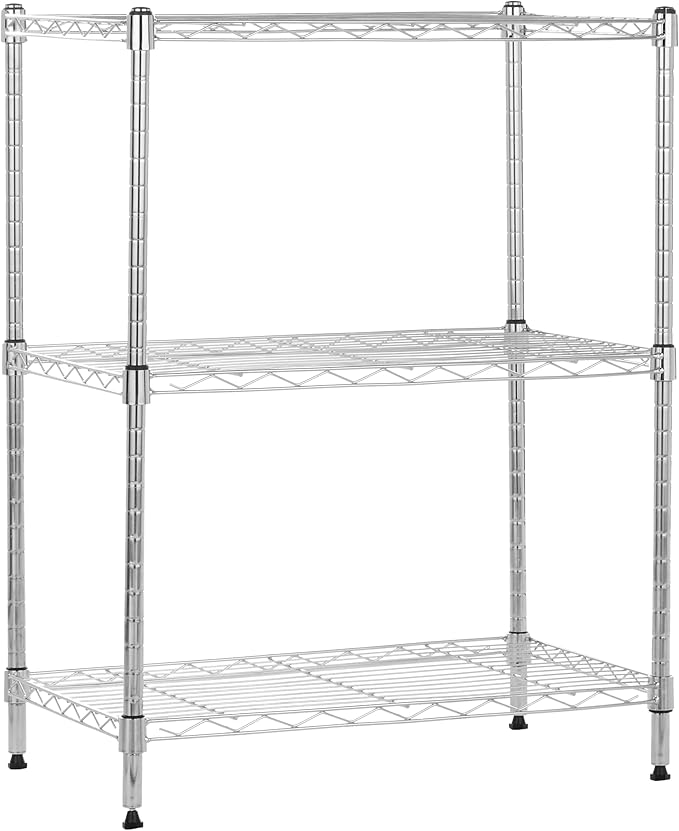 Amazon Basics 3-Shelf Adjustable Heavy Duty Steel Wire Rack Storage Shelving Organizer for Kitchen, Garage, 23.2" L x 13.4" W x 30" H, Chrome-Ruum Studio Home