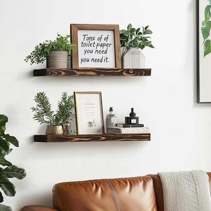 Floating Wall Shelves - 16"x6.8"x1.2" Sturdy Rustic Brown Solid Wood Shelves for Storage and Décor, Easy Installation for Living Room, Bedroom, and Kitchen - 2 Pack-Ruum Studio Home