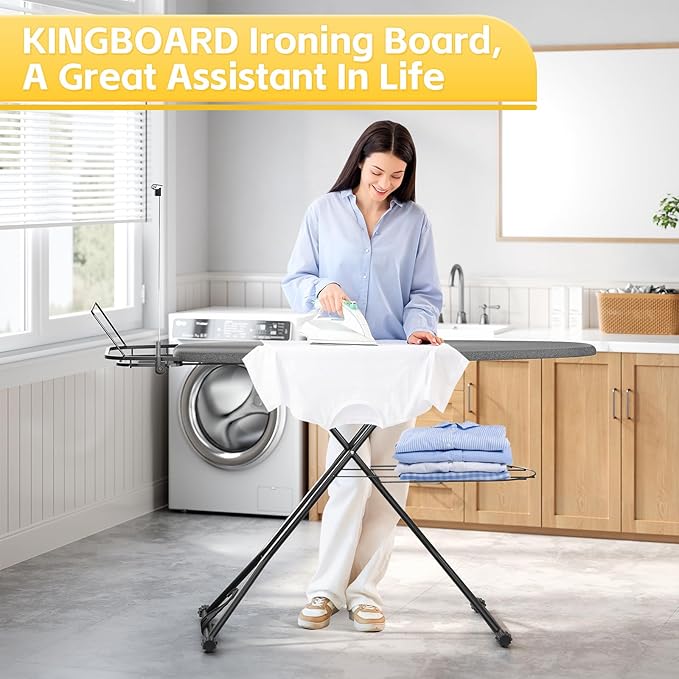 Full Size Ironing Board, 18x51 Iron Board with Metal Panel Stretchable Iron Rest, Adjustable Height Heavy Duty Heat & Scorch Resistant Cover Ironing Board, for Home, Laundry, Black-Ruum Studio Home