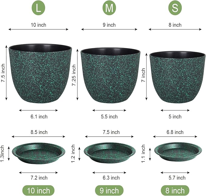 Plant Pots 10/9/8 inch, Set of 3 Modern Decorative Plastic Planters with Drainage Holes and Saucers for Garden House Plants, Flower Pots for Indoor Outdoor Plants, Black with Green Speckles-Ruum Studio Home