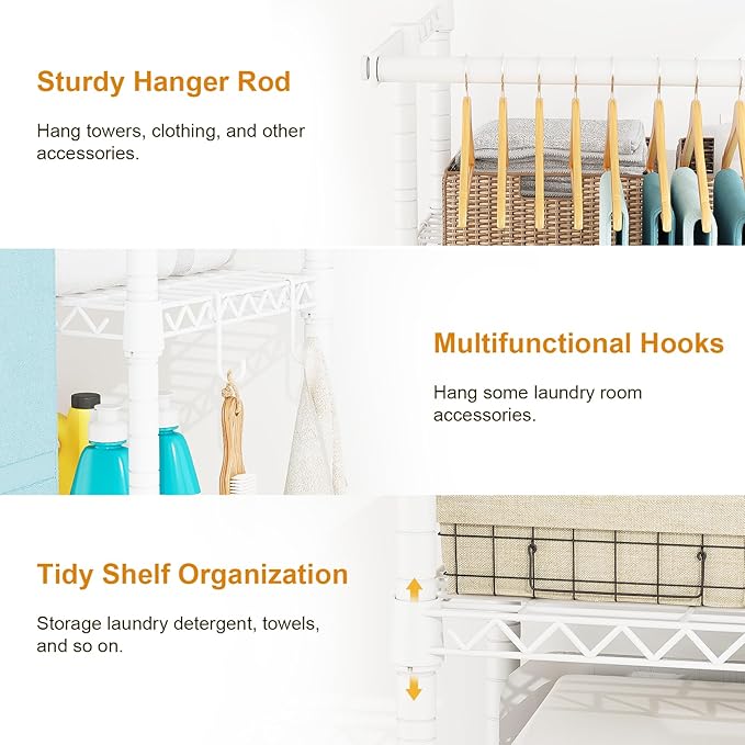 U14 Over Washer and Dryer Storage Shelves, 4 Tiers Laundry Room Storage and Organizer System, Space Saving Clothes Drying Rack with 2 Clothes Hanger Rods, 66.5" W x 20.5" D x 77.4" H, White-Ruum Studio Home