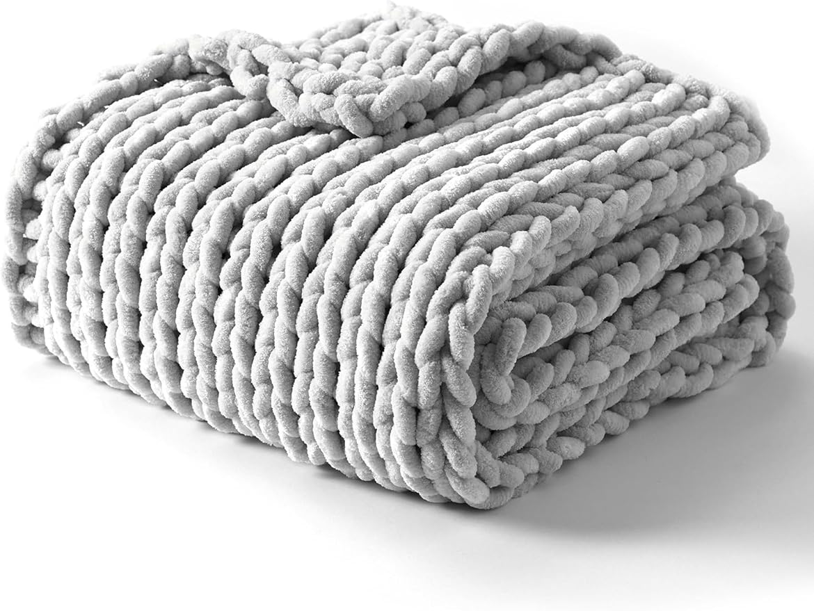 YnM Chunky Throw Blanket, Medium-Weight, Hand Knitted with Chenille Yarn, Skin Friendly, Ventilated and Breathable, Machine Washable, Home Décor Piece for Couch Sofa and Bed (Glacier Grey, 80x87 Inch)-Ruum Studio Home