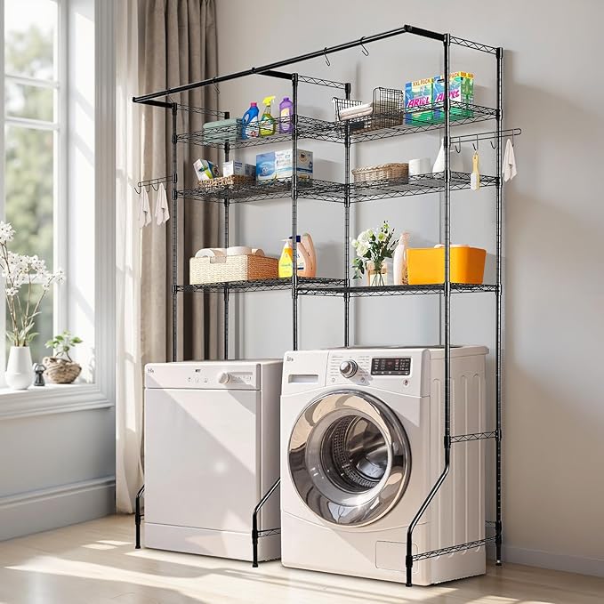 VEVOR Over The Washer and Dryer Storage Shelf, 6 Tier Laundry Room Drying Rack with Hanger Rod and Hooks, Adjustable Over Washer and Dryer Shelves, Laundry Room Shelf Storage Space Saver, Black-Ruum Studio Home