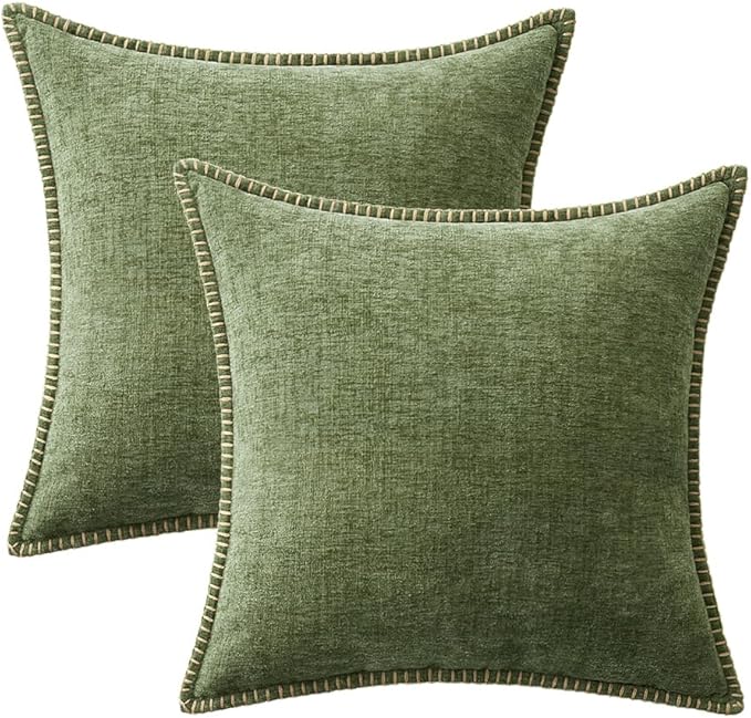MIULEE Pack of 2 Couch Throw Pillow Covers 24x24 Inch Sage Green Farmhouse Decorative Pillow Covers with Stitched Edge Soft Chenille Solid Dyed Spring Pillow Covers for Sofa Bed Living Room-Ruum Studio Home