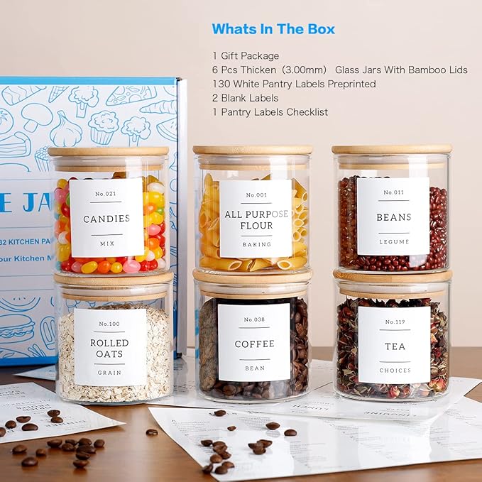 20 OZ Glass Food Storage Jars with 132 Pantry Labels Preprinted - 6 Pcs Thicken Glass Storage Containers with Airtight Bamboo Lid - Clear Kitchen Canister for Spice, Tea, Coffee, Sugar, Cookie, Candy-Ruum Studio Home