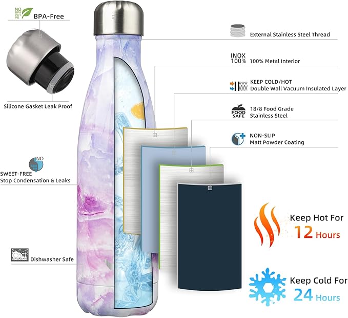 Insulated Water Bottles,17 oz Double Wall Stainless Steel Vacumm Metal Flask for Sports Travel,Marble Dawn-Ruum Studio Home