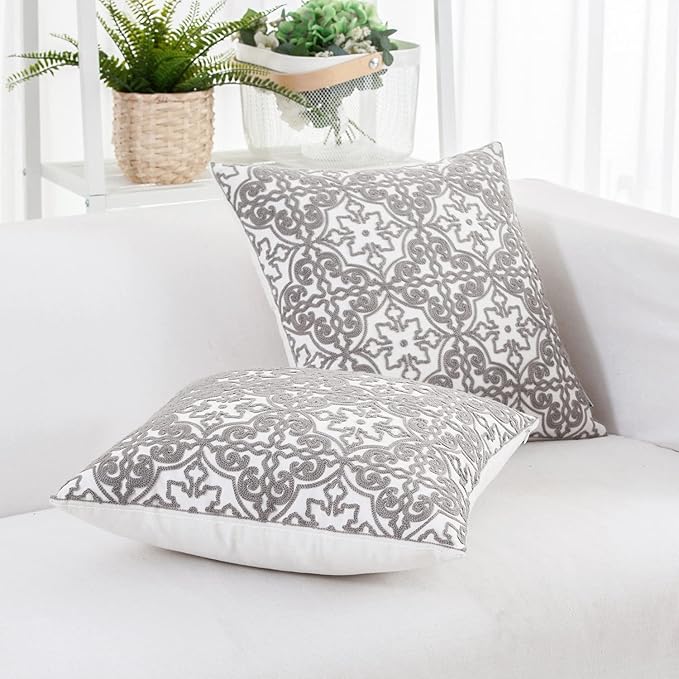 HWY 50 Grey Gray Decorative Throw Pillow Covers 18x18 Inch, Pack of 2 Embroidered Cotton Farmhouse Cushion Cover Pillow Case for Sofa Couch Living Room Bed Bedroon, Modern Pattern-Ruum Studio Home