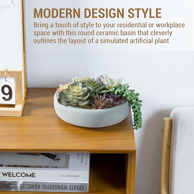 MyGift 8 Inch Round Modern Artificial Succulent Arrangement Potted in Gray Concrete Plant Bowl, Assorted Faux Mini Succulents in a Decorative Planter Pot-Ruum Studio Home