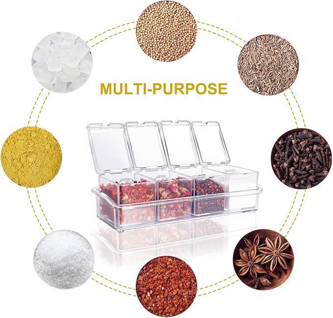 Clear Seasoning Box 4 PCS/Set, Acrylic Seasoning Rack Seasoning Storage Container Condiment Jar Spice Box Spice Jar Spice Pot Spice Rack with Spoon & Lid & Tray for Salt Pepper Sugar (#A)-Ruum Studio Home