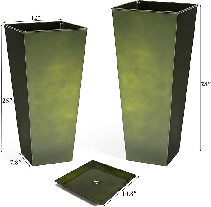WORTH Garden Large Metal Glazed Planter Set of 2 (25" + 28"), Luxurious Glossy Finish Green Tall Square Tapered Steel Plant Pot, Decor Flower Pot Indoor & Outdoor, Drainage Hole & Dual-Purpose Saucer-Ruum Studio Home