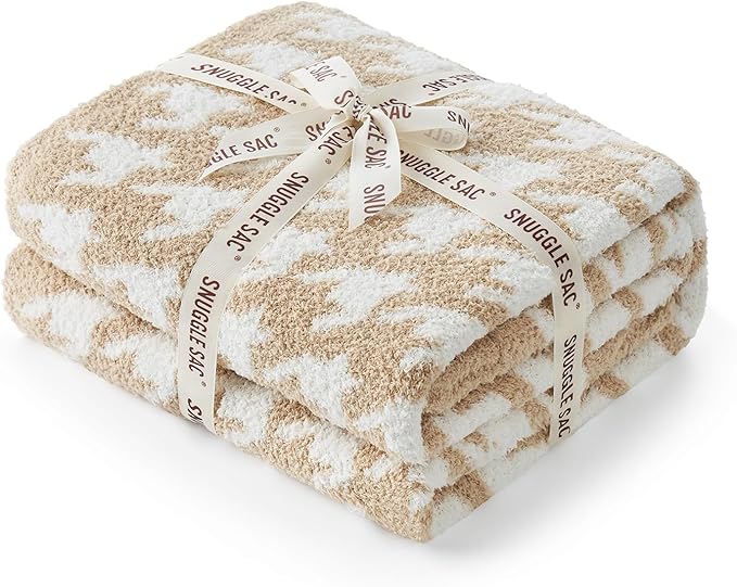 Snuggle Sac Throw Blanket for Couch, Reversible Super Soft Warm Blankets Cozy Knit Fuzzy Plush Lightweight Throws for Sofa, Bed, Camping,Houndstooth Beige,50x60 inches-Ruum Studio Home