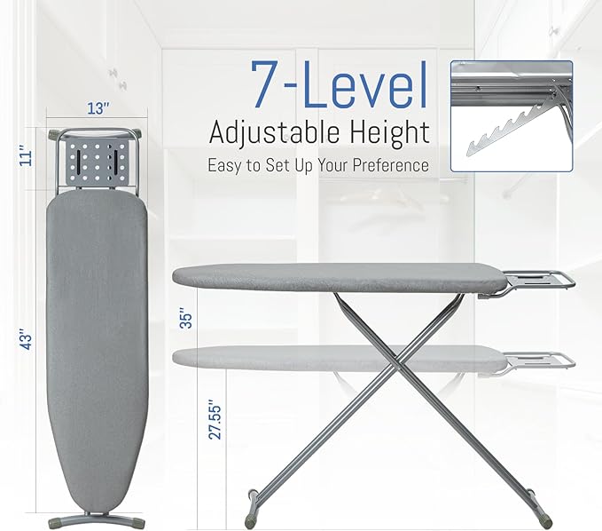Ironing Board Full Size, BlissBoard 43"x13" Sturdy Heavy Duty Iron Board with Iron Rest, Heat Resistant Cover with Ultra Thick Padding, Height Adjustable, Silver-Ruum Studio Home