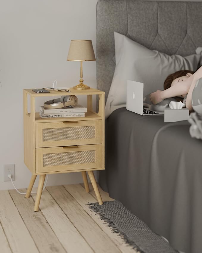 Rattan Nightstand with Charging Station,Modern Bedside Table with 2 Storage Drawer and Open Wood Shelf, for Bedroom and Small Spaces,Night Stand with Solid Wood Legs (Yellow Oak)-Ruum Studio Home