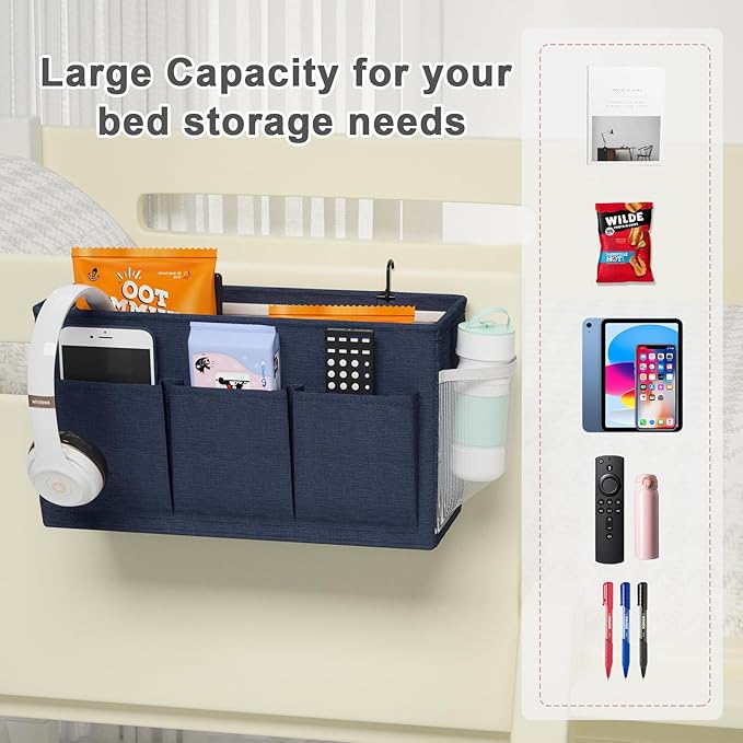 Dual-purpose Bedside Caddy Bedside Organizer, Bed Caddy with 6 Pockets, Versatile Bedside Storage Solution Magazine Remotes holder, ideal for Home, Dorm, Hospital, Crib Bed (Navy 2pcs)-Ruum Studio Home