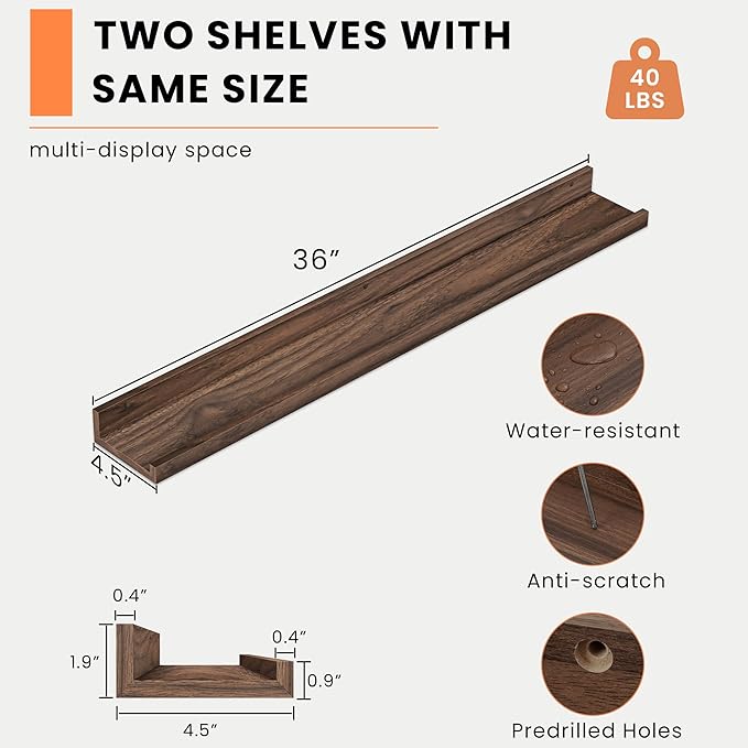 Heimlove Picture Ledge Shelf, Floating Shelves Set of 2, 36 Inches Picture Shelf for Wall with Ledge, Kids Bookshelf Wall Mounted for Living Room Bedroom Decor Books Photo Frames - Walnut-Ruum Studio Home