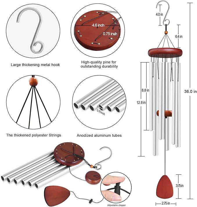 Large Aluminium Wind Chimes Outside, Soothing Melodic Memorial Sympathy Wind Chime, Suitable Outdoor Garden Decor, Gift for Mom Women Neighbors (Silver Wind Chimes-36)-Ruum Studio Home