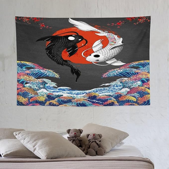 Houselerax Japanese Koi Fish Tapestries, Yin Yang Big Wave Cherry Blossom Tapestry Wall Hanging for Bedroom Living Room Office Decor 60"x40"-Ruum Studio Home