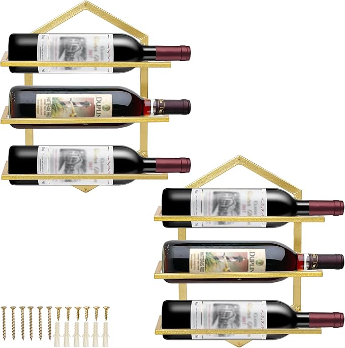2Pcs Wall Mounted Wine Stemware Rack, Metal Hanging Wine Glass Display Holde Holds 3 Bottles, Elegant Storage for Kitchen Dining Room Bar Wine Cellar (Gold)-Ruum Studio Home