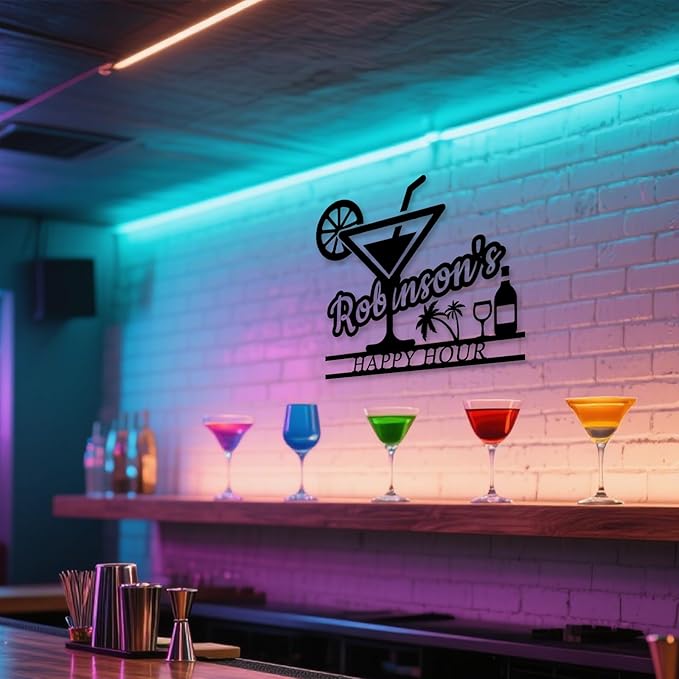 Happy Hour Metal Bar Sign - Personalized Wine Wall Art, Rustic Home Bar Decor, Custom Cocktail & Wine Themed Metal Signs for Indoor/Outdoor - MADE IN USA-Ruum Studio Home