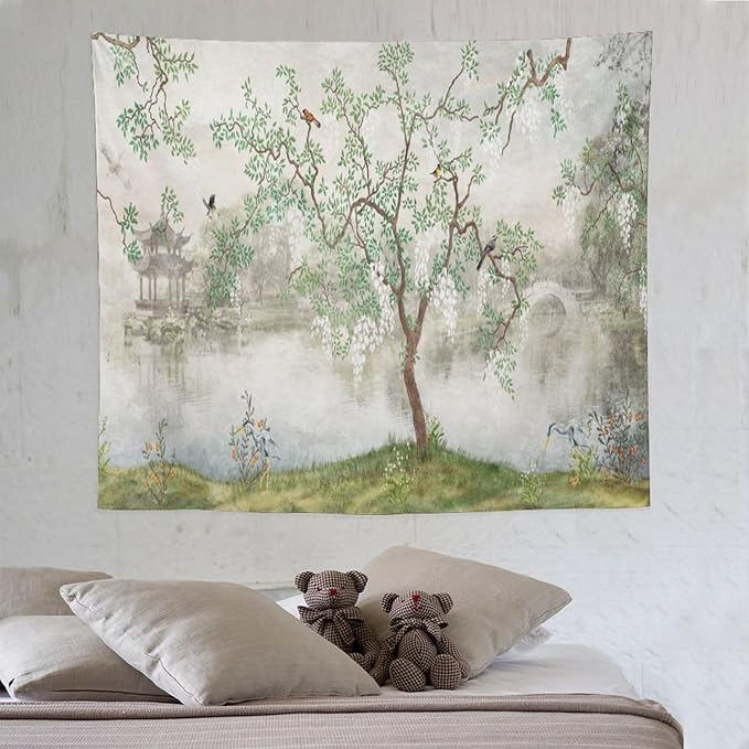 HZOHNAGO Japanese Tapestry Tree Misty Garden Lake Printed Wall Tapestry Ink Painting Wall Hanging for Bedroom Living Room Dorm 60" W x 50" H-Ruum Studio Home
