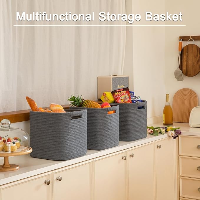 OIAHOMY Storage Cubes 11 Inch Storage Bins-3 Pack, Cotton Rope Woven Baskets for Organizing, Square Baskets for Shelves Organizer, Classroom, Toy Basket, DarK Grey-Ruum Studio Home