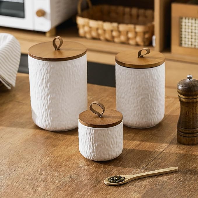 Black White Ceramic Coffee Canister Tea Canister with Seal Wood Lid, Airtight Coffee Storage Container for Coffee Bean, Ground Coffee, Sugar, Cookie Candy jar (White, 800ml)-Ruum Studio Home