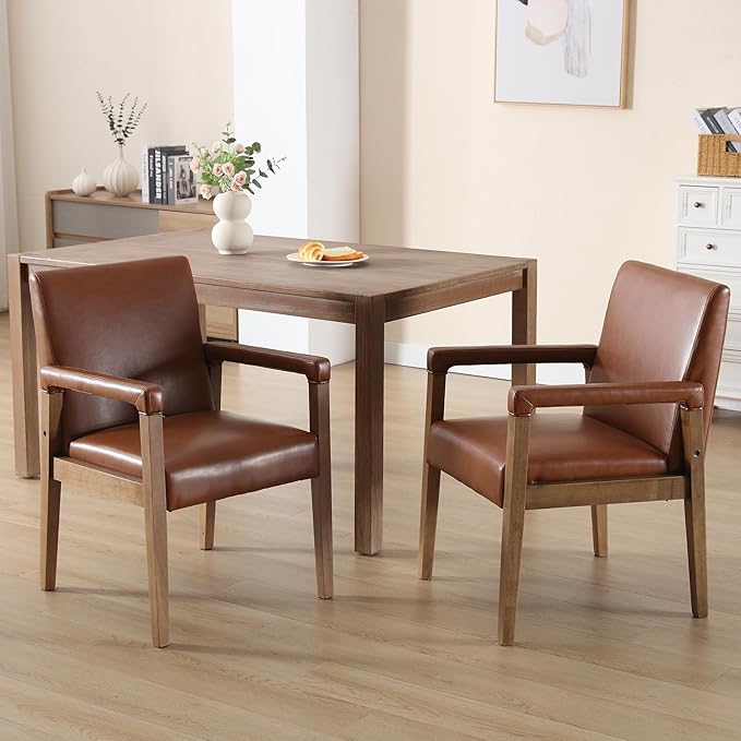 Kmax Modern Dining Chairs Set of 2 Faux Leather Kitchen Arm Chairs Upholstered Accent Chairs with Wooden Legs for Dining Room, Living Room, Bedroom, Brown-Ruum Studio Home