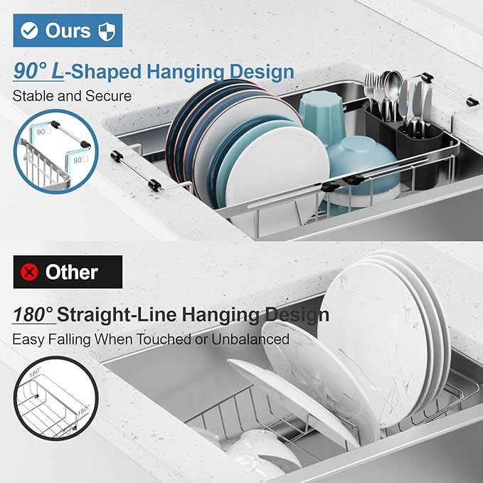 GSlife Expandable in Sink Small Dish Drying Rack - Stainless Steel Capacity Adjustable Over The Sink Dish Rack with Utensil Holder, 11.9“-16.7” L x 9" W x 5.7" H, Silver-Ruum Studio Home