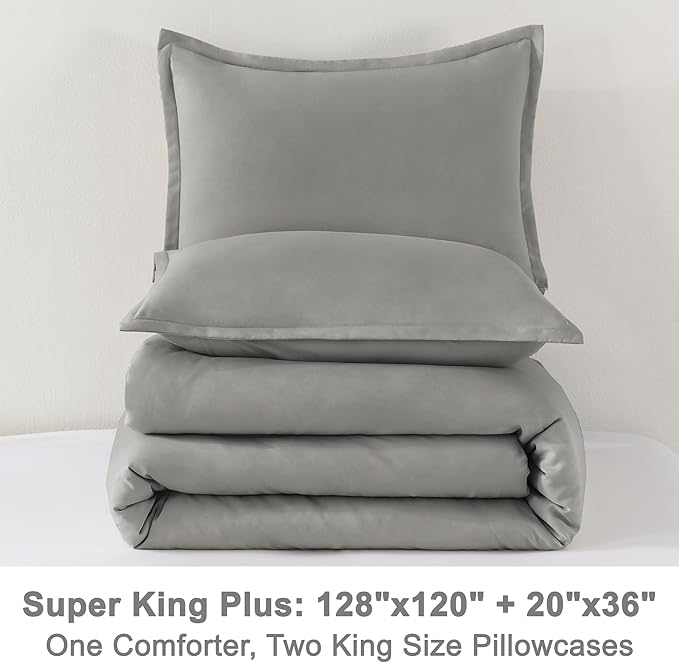 Litanika Comforters Medium Gray Super King Plus Size, 3 Pieces Lightweight Solid Bedding Set & Collections, All Season Fluffy Bed Set (128x120In Comforter & 2 Pillowcases)-Ruum Studio Home
