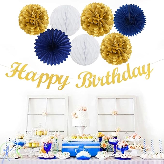 Navy-Blue Gold Birthday Party-Decorations Paper-Flowers - 14pcs Happy Banner Royal Lanterns Tissue Pom Poms,Men Streamers Garland Fans Honeycomb,Teen Boys Male Kids Hanging Supplies Decor Hugfond-Ruum Studio Home