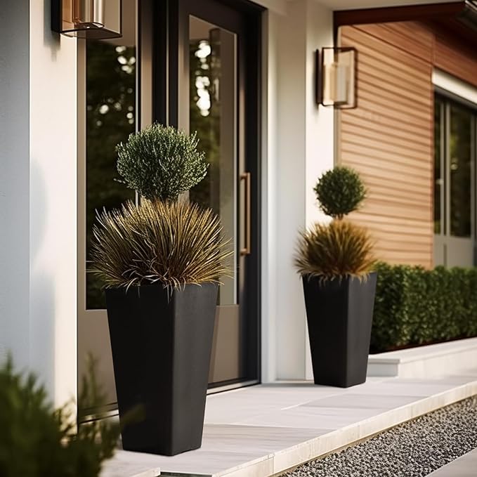 LA JOLIE MUSE 26 inch Tall Black Planters for Outdoor Plants,Set of 2 Tapered Planters with Trays,V-Shape Rectangular Garden Planters for Front Door, Patio and Deck-Ruum Studio Home