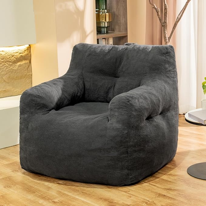 Giant Bean Bag Chair, Large Bean Bag Chair for Adults, Fluffy and Comfy Bean Bag Chair with Filler, Big Bean Bag Sofa Chair for Reading, Stuffed High-Density Foam, Grey-Ruum Studio Home