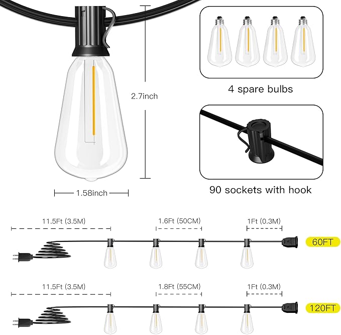 OHLUX Exterior Hanging Lights,180FT Connectable Outside Patio Lights with 94 Shatterproof ST38 LED Vintage Bulbs,2200K Connectable & Waterproof for Deck Porch Bistro Gazebos Balcony Pool(120FT+60FT)-Ruum Studio Home