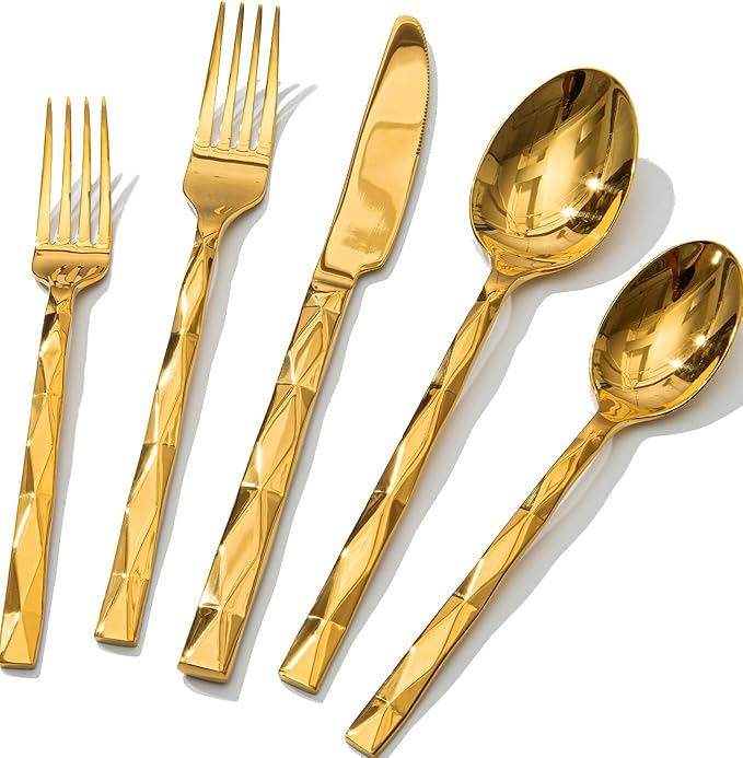 KINGSTONE Gold Silverware Set, Luxury 20 Piece Flatware Set for 4, 18/10 Stainless Steel Cutlery Set with Diamond Cut Pattern for Kitchen, Home, Wedding, Party, Mirror Polished and Dishwasher Safe-Ruum Studio Home