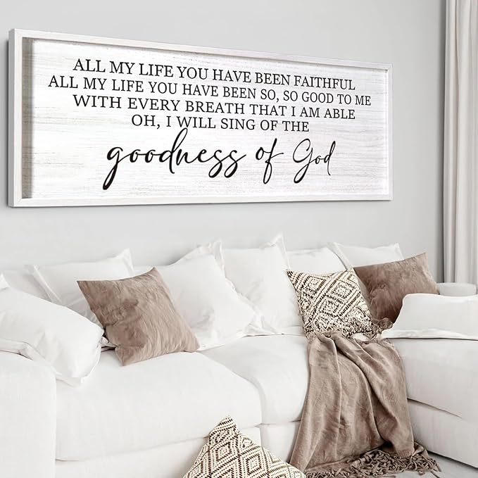 Goodness of God Framed Wall Art, 40''×15'' Positive Religious White Bible Verse for Christian God Jesus Christ Prayer, Vintage Rustic Long Holy Catholic Scripture Decor-Ruum Studio Home