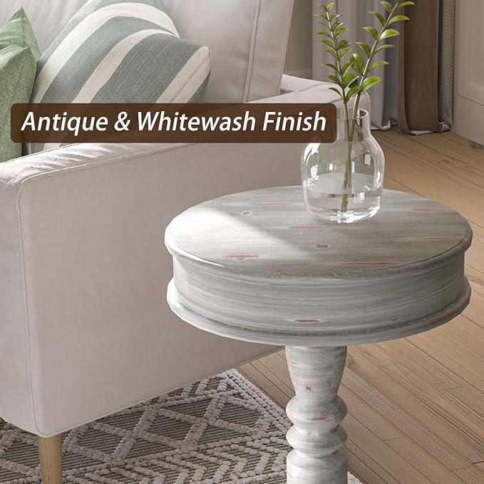 COSIEST Rustic Accent Side Table, Farmhouse Wood Pedestal Table Round End Table for Living Room, Bedroom, Distressed Whitewash Finish, Grey Color-Ruum Studio Home