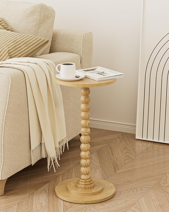 Masupu Round Side Table, Small End Table for Small Spaces, Pedestal Drink Table with Solid Wood Leg for Living Room, Bedroom, Corners(Natural)-Ruum Studio Home