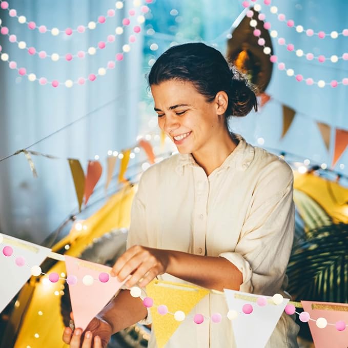 Jishi 3-Pack Pom Pom Garland Pink Felt Ball Ornament Garland Christmas Decorations, Cute Pompom Strings for Christmas Tree Decor, Xmas Holiday Party, Birthday Banner - 6.6 Feet Long, 24 Balls 25mm-Ruum Studio Home