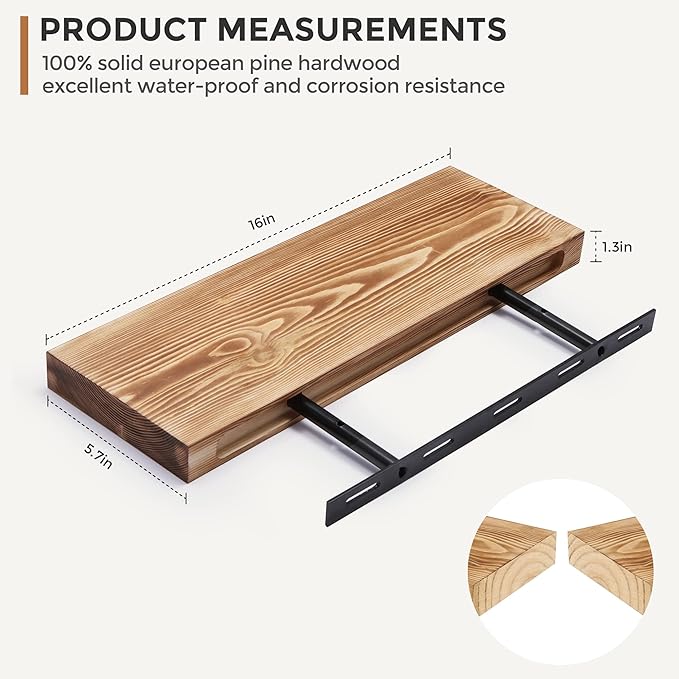 Fun Memories European Pine Floating Shelves for Wall, Mounted Shelf for Decor Storage Set of 2 - Natural Rustic Wooden Wall Shelf for Kitchen Bathroom Living Room Bedroom Farmhouse - Carbonized-Ruum Studio Home