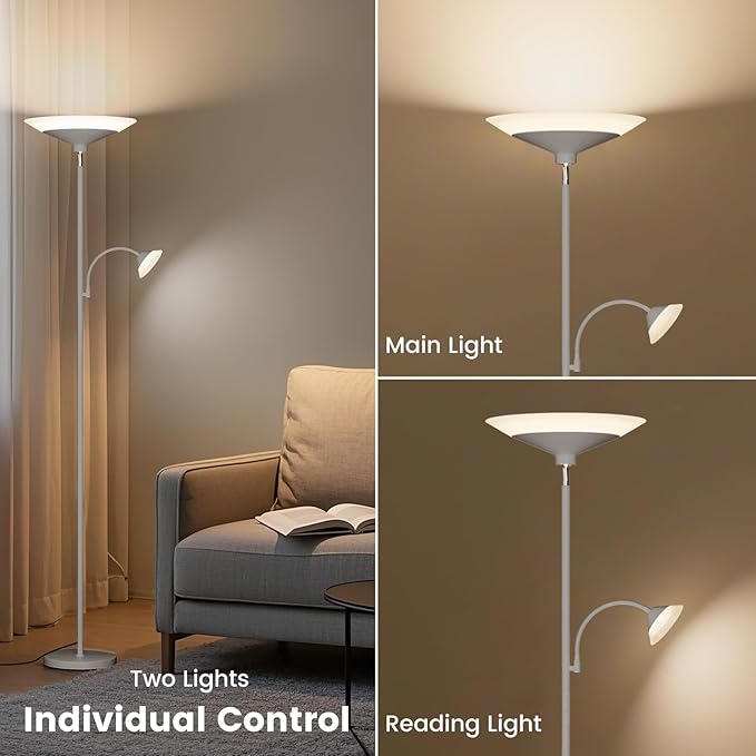 Sliver Gray Torchiere Floor Lamp with Reading Light, 4 Color Temperatures, Dimmable & Individual Light Control Standing Lamp, 34W Bright Tall Lamp with Remote for Living Room Bedroom Office-Ruum Studio Home