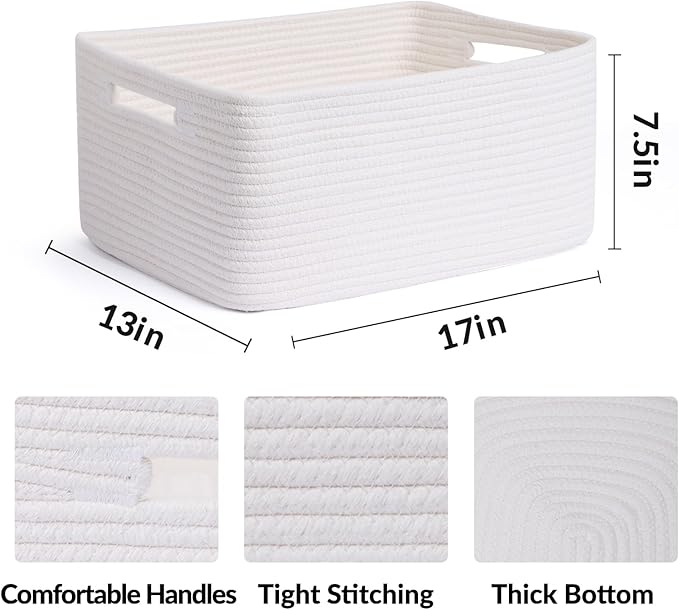 Large Storage Baskets for Shelves, Closet Organizers Bins for Clothes Blanket Towels, Baby Nursery, Toy Baskets Box, Woven Rope Baskets, 17 x 13 x 7.5”, 3 Packs Off White-Ruum Studio Home