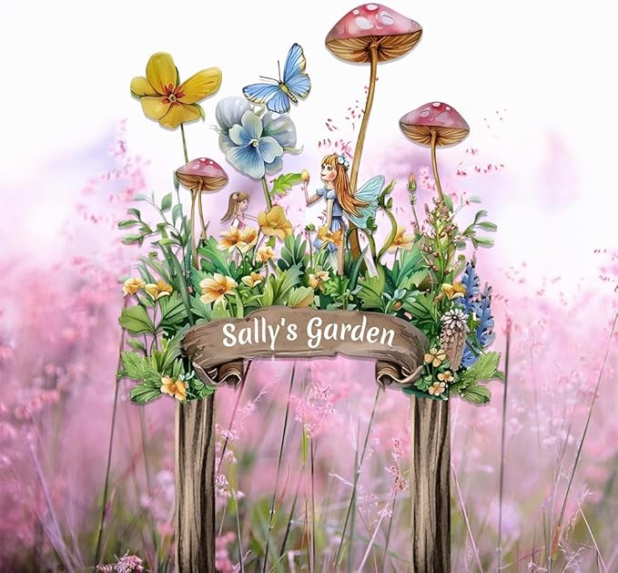 Personalized Cute Fairy Metal Sign with Stake,Custom Gardener Family Name Signs Outdoor Decor,Customized Butterfly Gardening Gifts for Mother,Flowers Plaques Decorate for Garden Patio Lawn Porch Yard-Ruum Studio Home