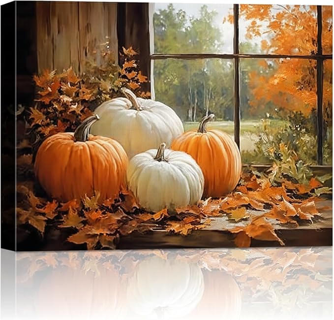 Vintage Pumpkin Window Fall Wall Art Decor, Farmhouse Barn Canvas Print with Autumn Harvest Theme, Framed Thanksgiving Decorations for Country Home, Ready to Hang-Ruum Studio Home